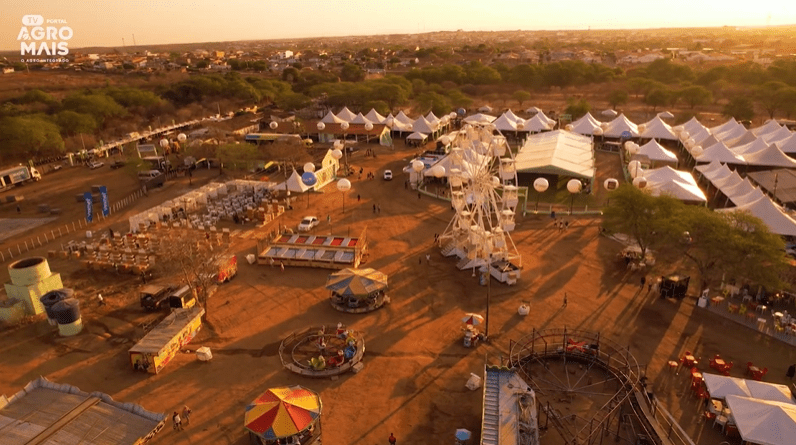 Veterinário e equipe organizando animais durante feira agropecuária.