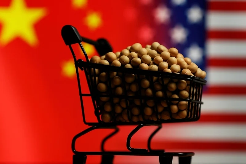 Carrinho cheio de soja simboliza as relações comerciais entre China e Estados Unidos.