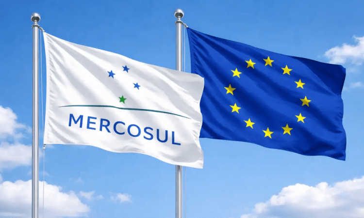  Bandeiras do Mercosul e da União Europeia representando a formalização do novo acordo comercial com cotas agrícolas e salvaguardas.