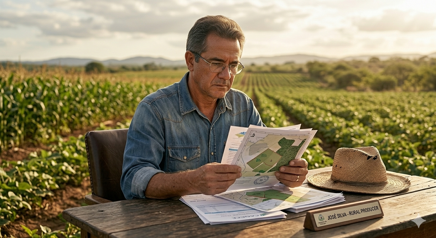 produtor rural analisando documentos de crédito rural e conformidade ambiental no campo
