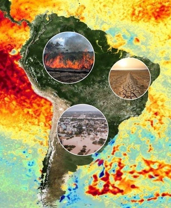 South America map with insets showing wildfire, drought, and floods in circular frames.
