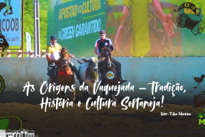 Vaqueiros montados em cavalos durante uma competição tradicional de vaquejada nordestina.