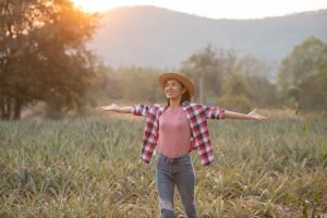 Asian female farmer see growth of pineapple in farm, Young pretty farmer woman standing on farmland with arms raised up joyful elated happiness. Organic farmer checking, agriculture business concept