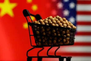 Carrinho cheio de soja simboliza as relações comerciais entre China e Estados Unidos.