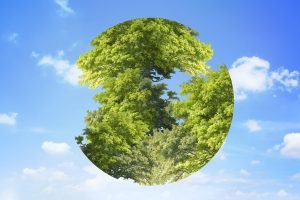 Earth day graphic trees in globe circle shape on sky background remixed media