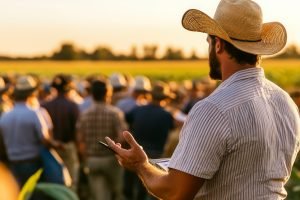 Farmer in a field giving a presentation to a group of people.