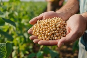 hands full of soybeans, with soybeans plantation field background