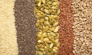 Healthy superfood: sesame, pumpkin seeds, sunflower seeds, flax seeds and chia background. Seeds on spoon. Top view