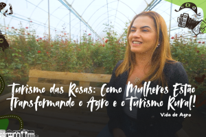 Plantação de rosas com turistas explorando o espaço.