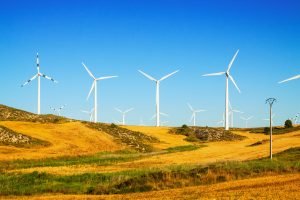 Wind Turbines at farmland. Aragon, Spain