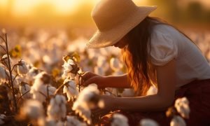 Woman collecting cotton, farmer plantation field at sunsets