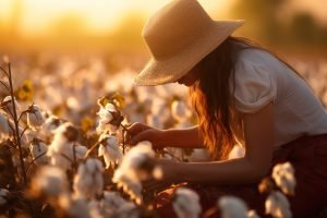 Woman collecting cotton, farmer plantation field at sunsets